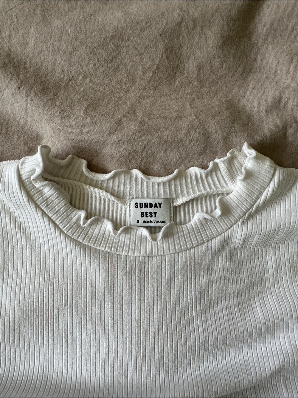Sunday Best White Ribbed Ruffle Neck Short Sleeve Top